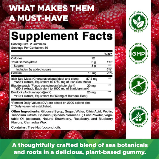 Irish Sea Moss Gummies - 3000 Mg - 60 Vegan Gummies - Made with Bladderwrack & Burdock Root - Seamoss Supplement for Thyroid, Energy, Immune Support